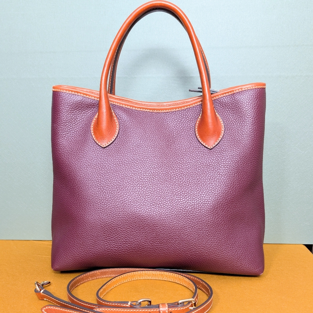 Dooney & Bourke Plum Pebble Leather Tote with Tan Trim - Picture 2 of 13